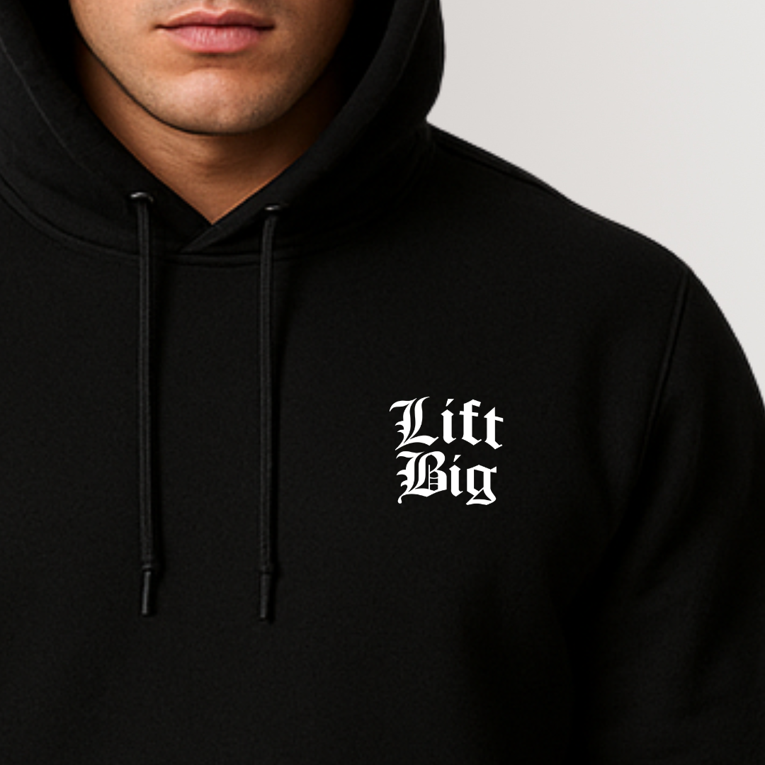 Black hoodie with 'Lift Big' text on a plain background