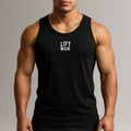 Men's black athletic tank top with 'Lift Big' text, ideal for fitness and gym wear