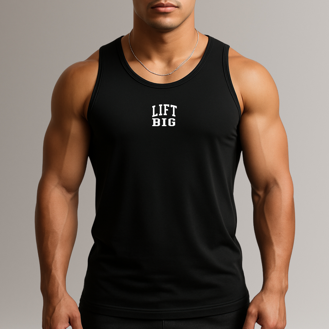 Person wearing a black tank top with 'LIFT BIG' text on a plain background