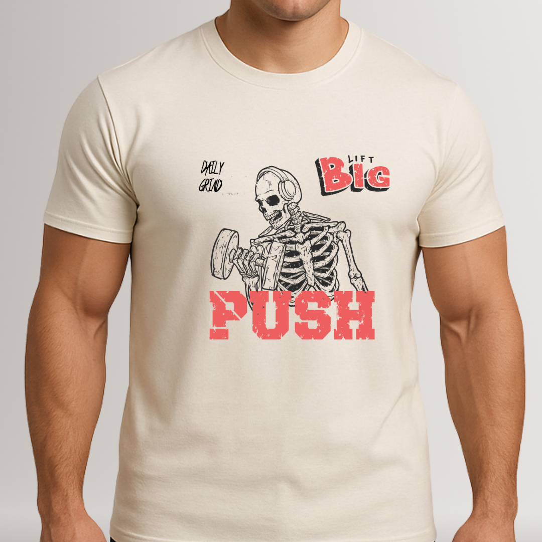 Beige t-shirt with a skeleton lifting weights graphic and text on a plain background