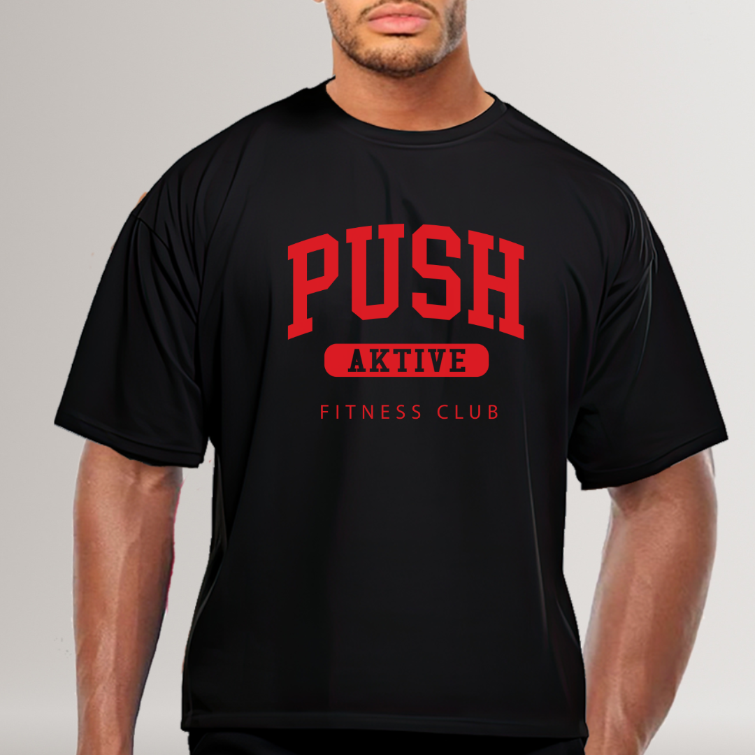 Person wearing a black t-shirt with red text 'PUSH AKTIVE FITNESS CLUB' on a plain background