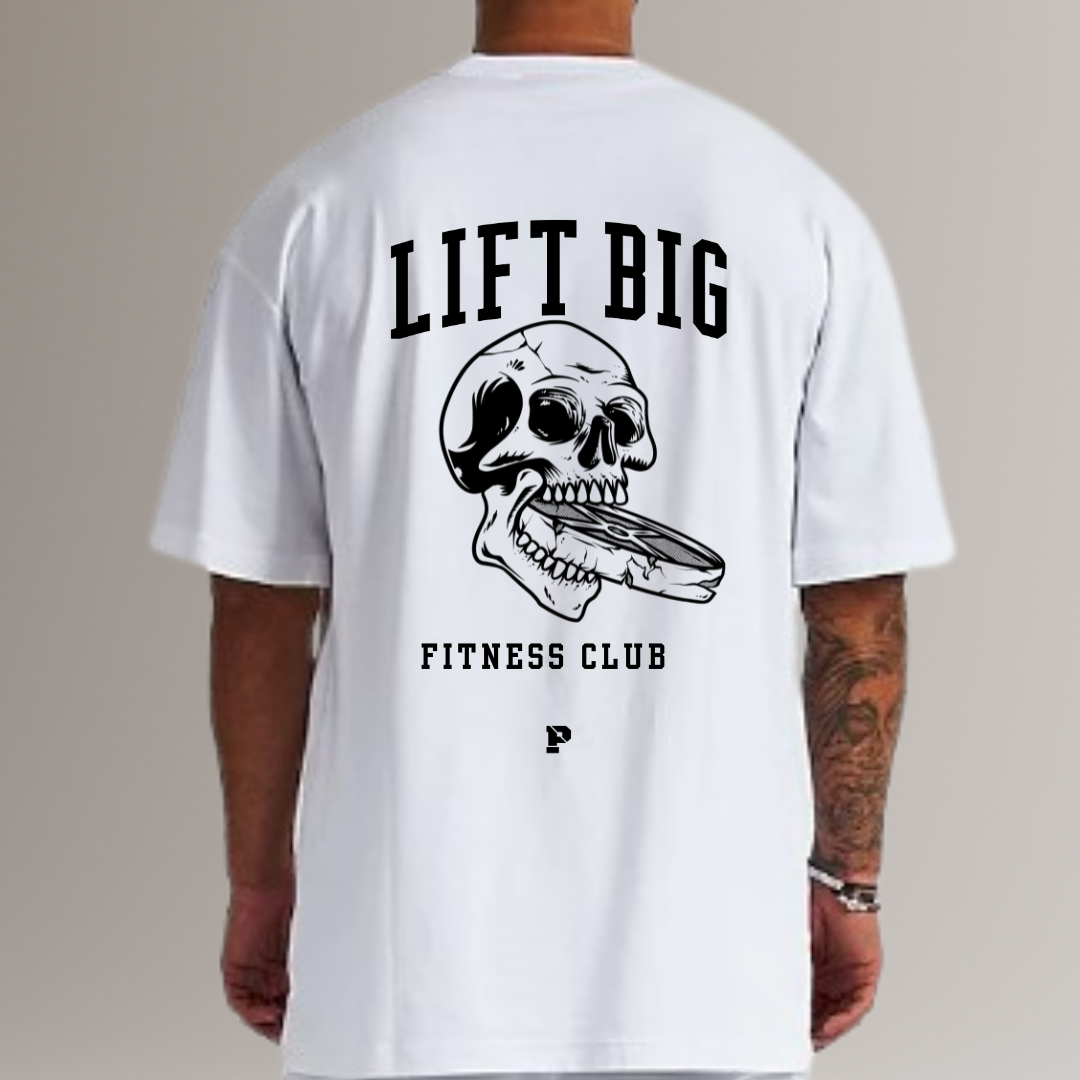 White t-shirt with 'Lift Big Fitness Club' design on the back, worn by a person.