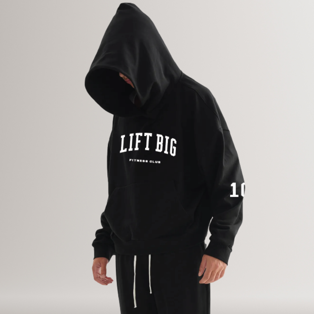 Black hoodie with 'LIFT BIG Fitness Club' text on a gray background