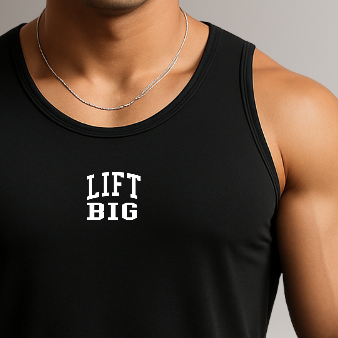 Person wearing a black tank top with 'LIFT BIG' text on a gray background