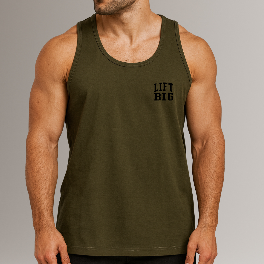 Person wearing a green tank top with 'LIFT BIG' text on a gray background