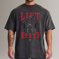 Man wearing black oversized fitness t-shirt with skeleton lifting barbell and red 'Lift Big' text