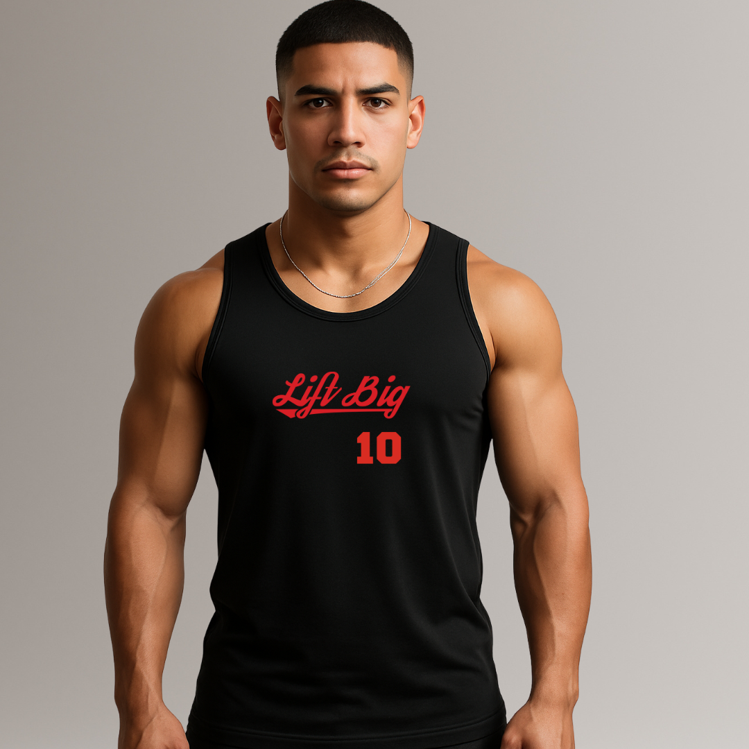 Man wearing a black tank top with 'Lift Big 10' text on a gray background
