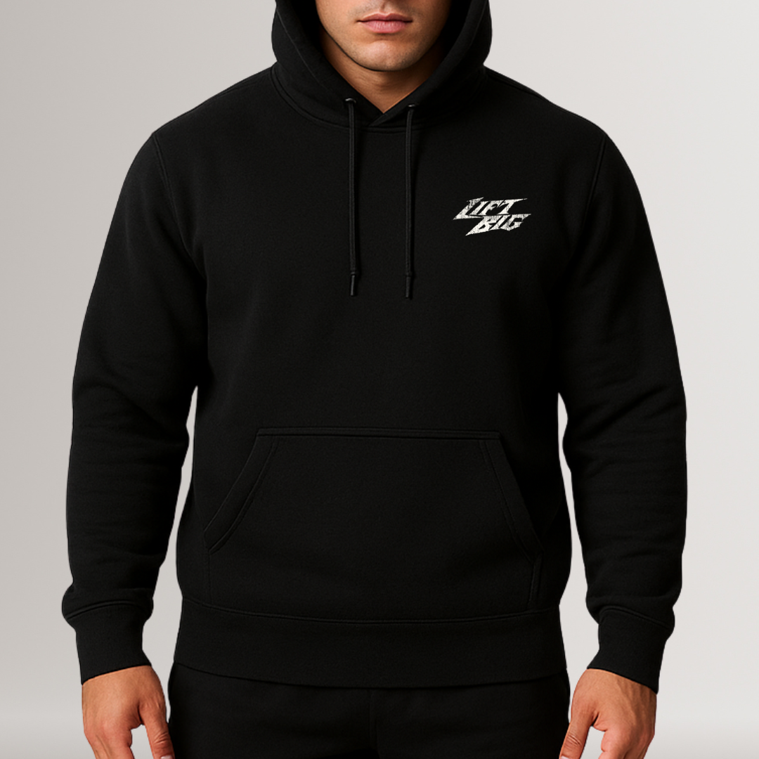 Black hoodie with a logo on the chest against a gray background
