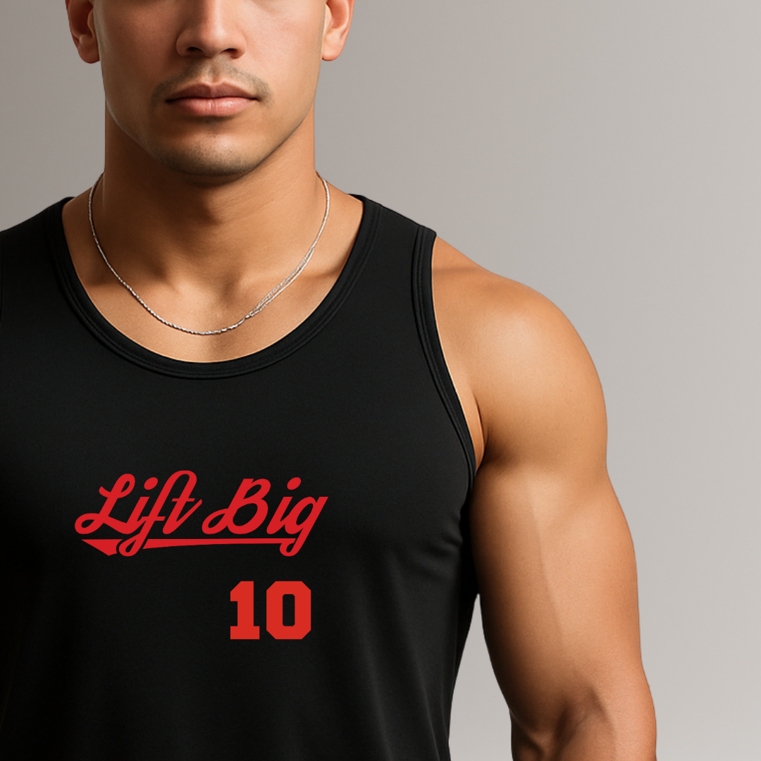 Person wearing a black tank top with 'Lift Big 10' text on a gray background