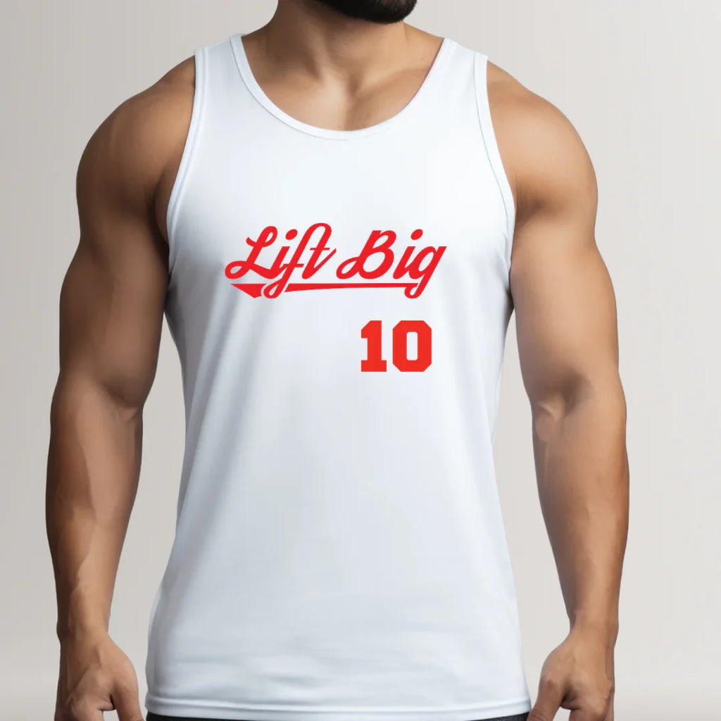 White fitness tank top with red 'Lift Big 10' text, worn by muscular man