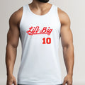 White fitness tank top with red 'Lift Big 10' text, worn by muscular man
