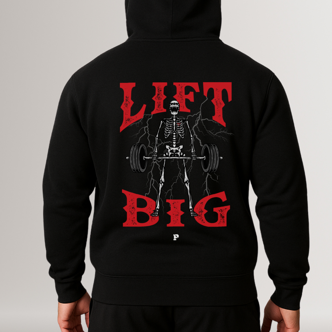 Black hoodie with skeleton lifting weights and 'Lift Big' text on a gray background