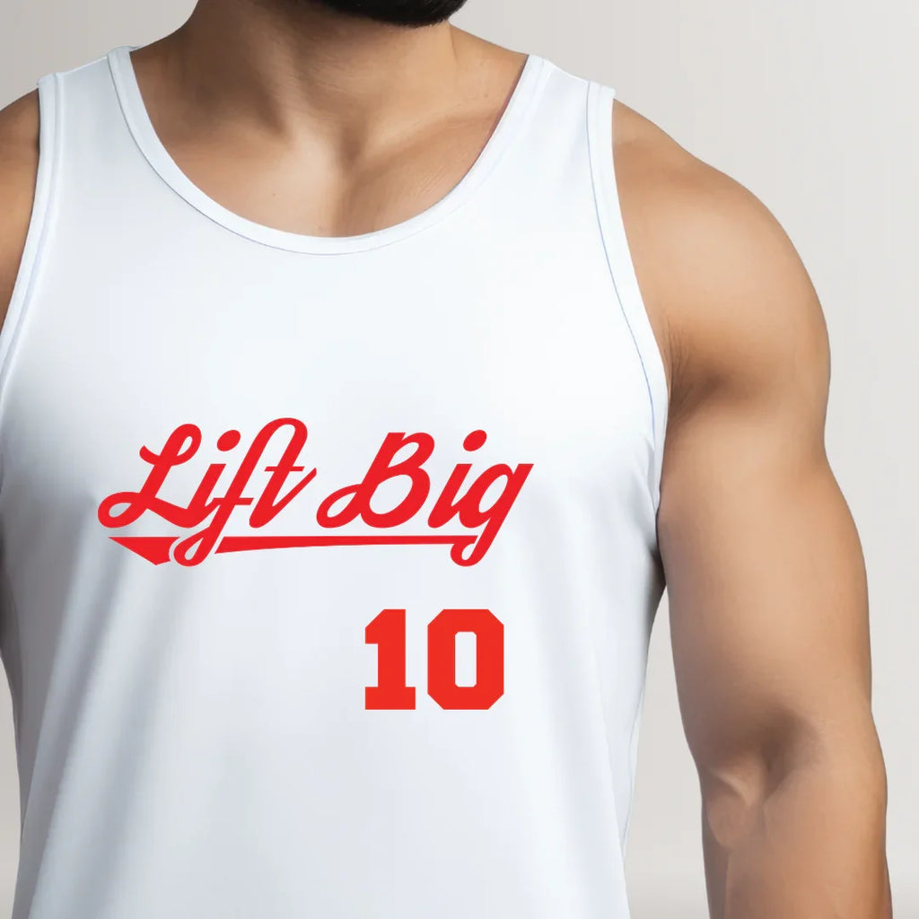 White fitness tank top with red Lift Big 10 graphic, worn by muscular man