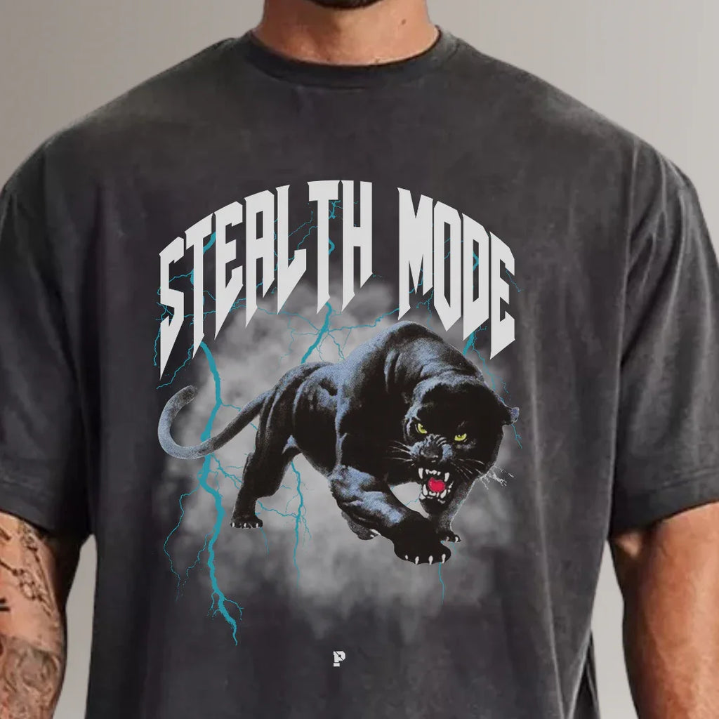 Black fitness t-shirt with stealth mode text and fierce panther graphic, lightning details