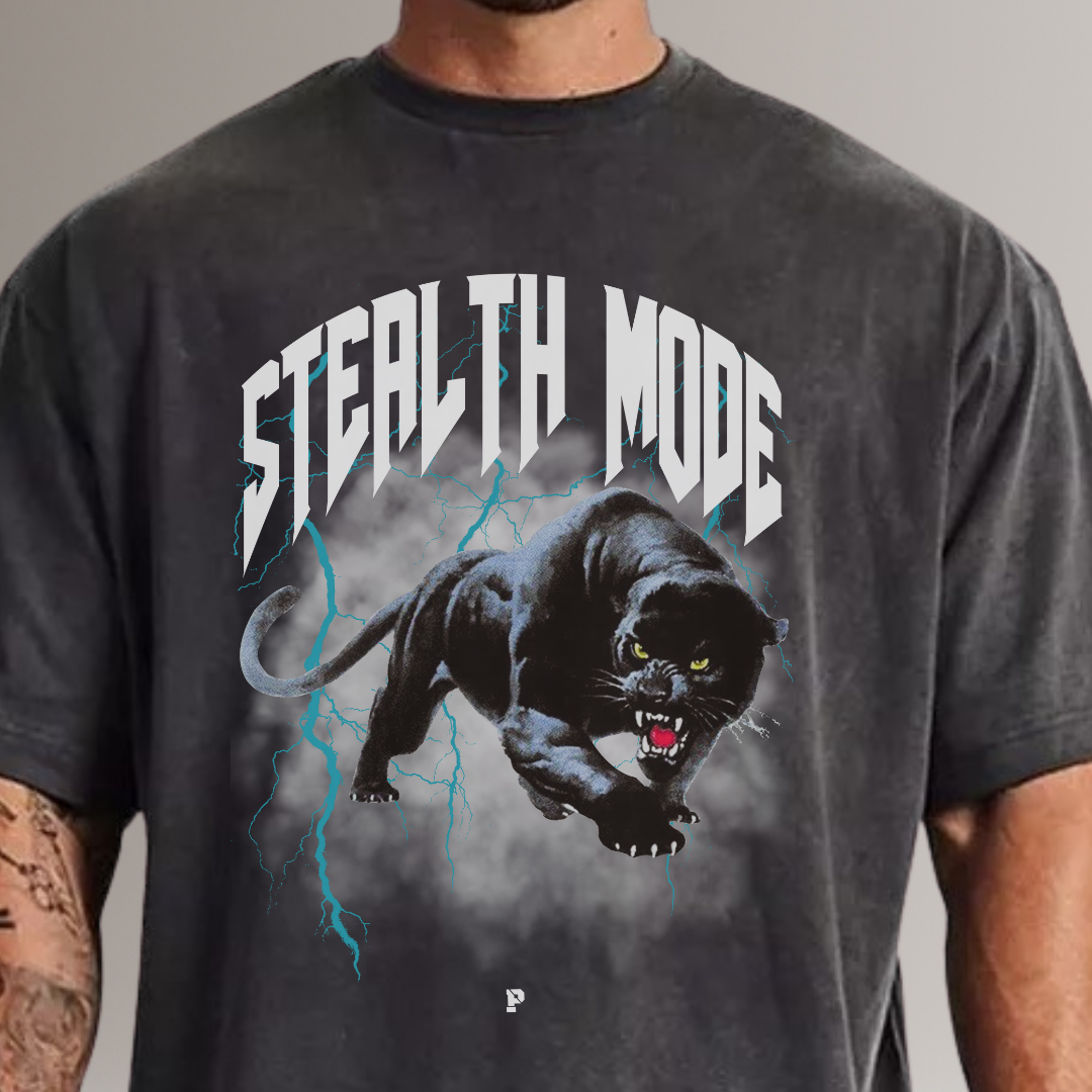 Black t-shirt with a black panther graphic and 'Stealth Mode' text on a gray background