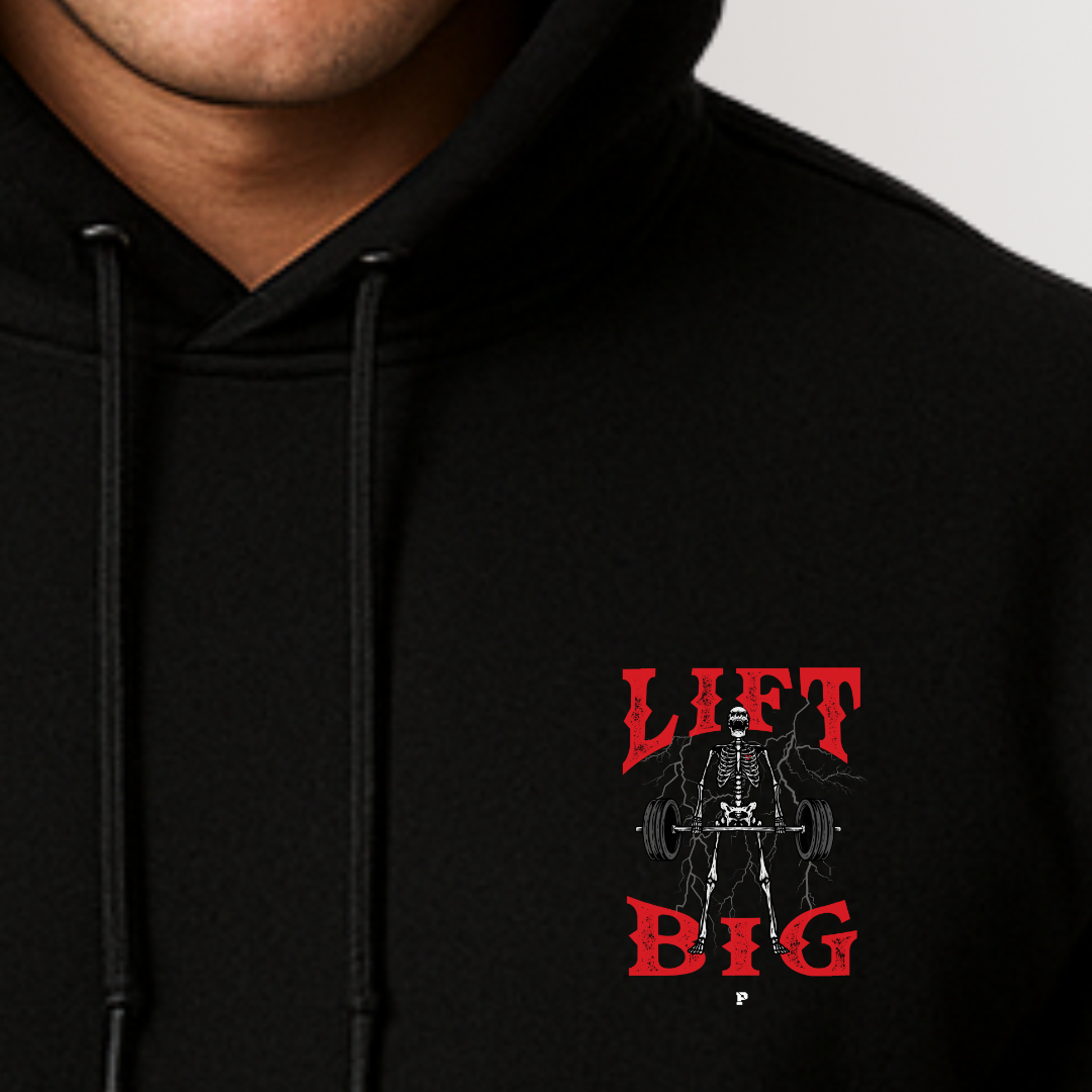 Black hoodie with 'Lift Big' graphic design on a plain background