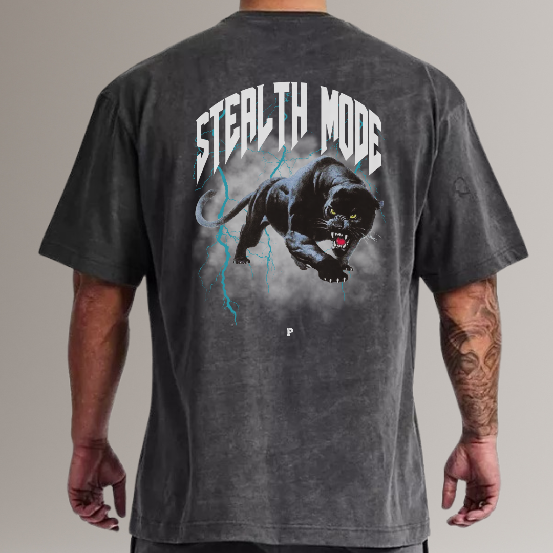 Person wearing a black t-shirt with a panther graphic and 'Stealth Mode' text on the back.