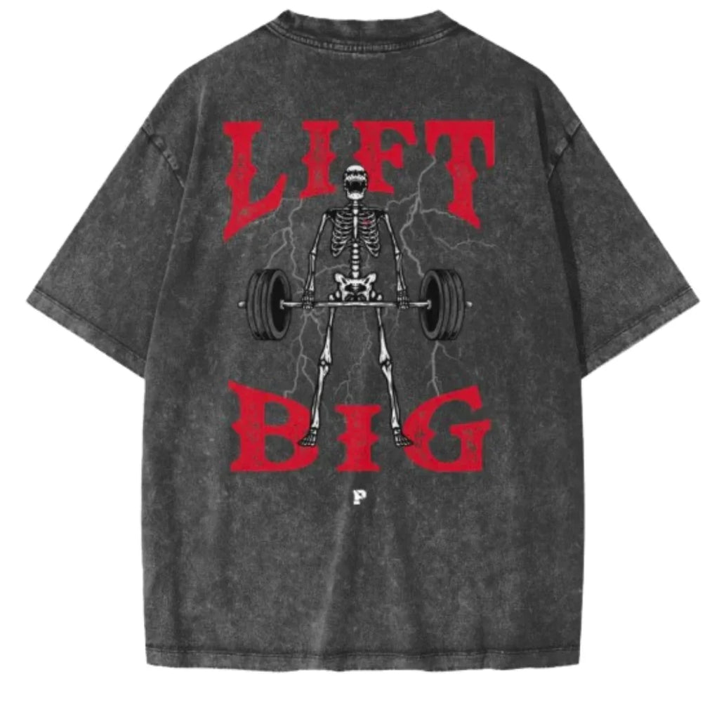 Black acid wash hoodie with skeleton lifting barbell, bold red 'Lift Big' text on back