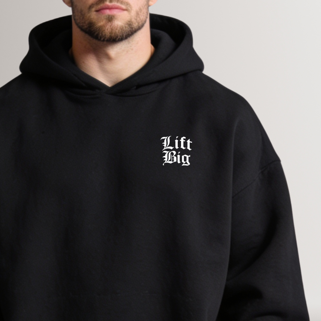 Black hoodie with 'Lift Big' text on a plain background