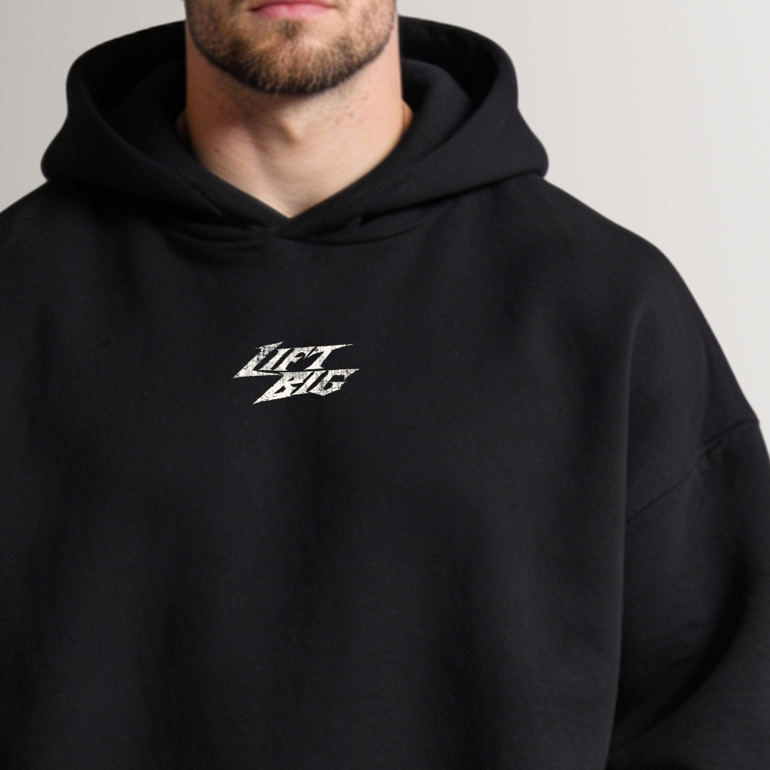 Black hoodie with 'Lift Big' logo on a gray background