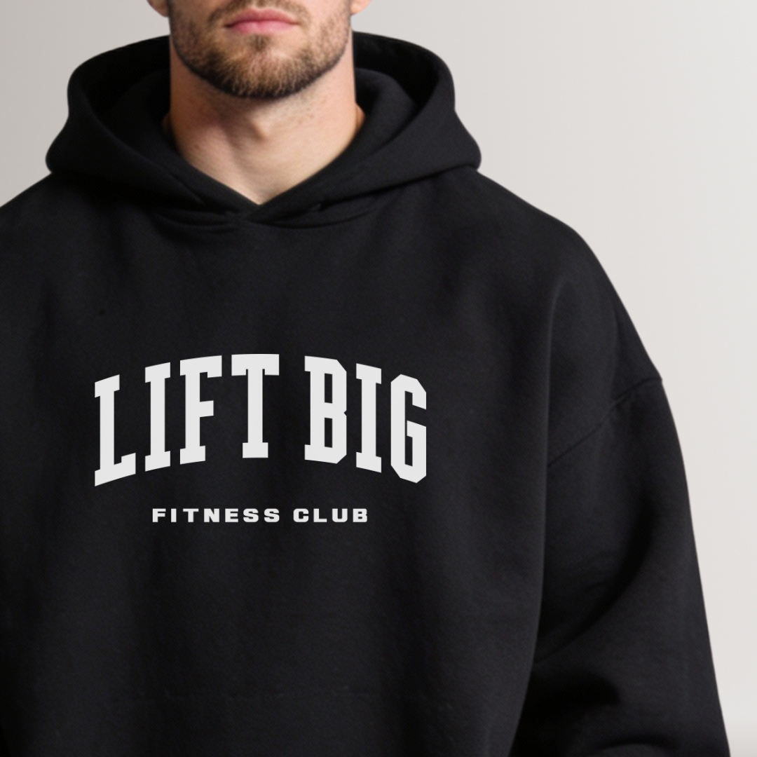 Black hoodie with 'LIFT BIG FITNESS CLUB' text on a plain background