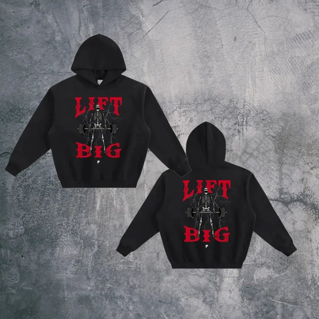 Black hoodie with 'Lift Big' text and graphic on a textured gray background