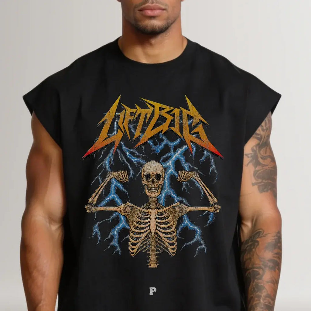 Person wearing a black sleeveless shirt with a graphic design featuring a skeleton and lightning bolts.
