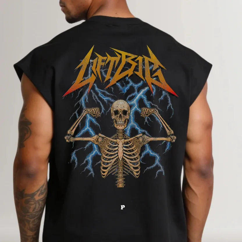 Black sleeveless shirt with a skeleton design and 'Lifeforce' text on the back, worn by a person.