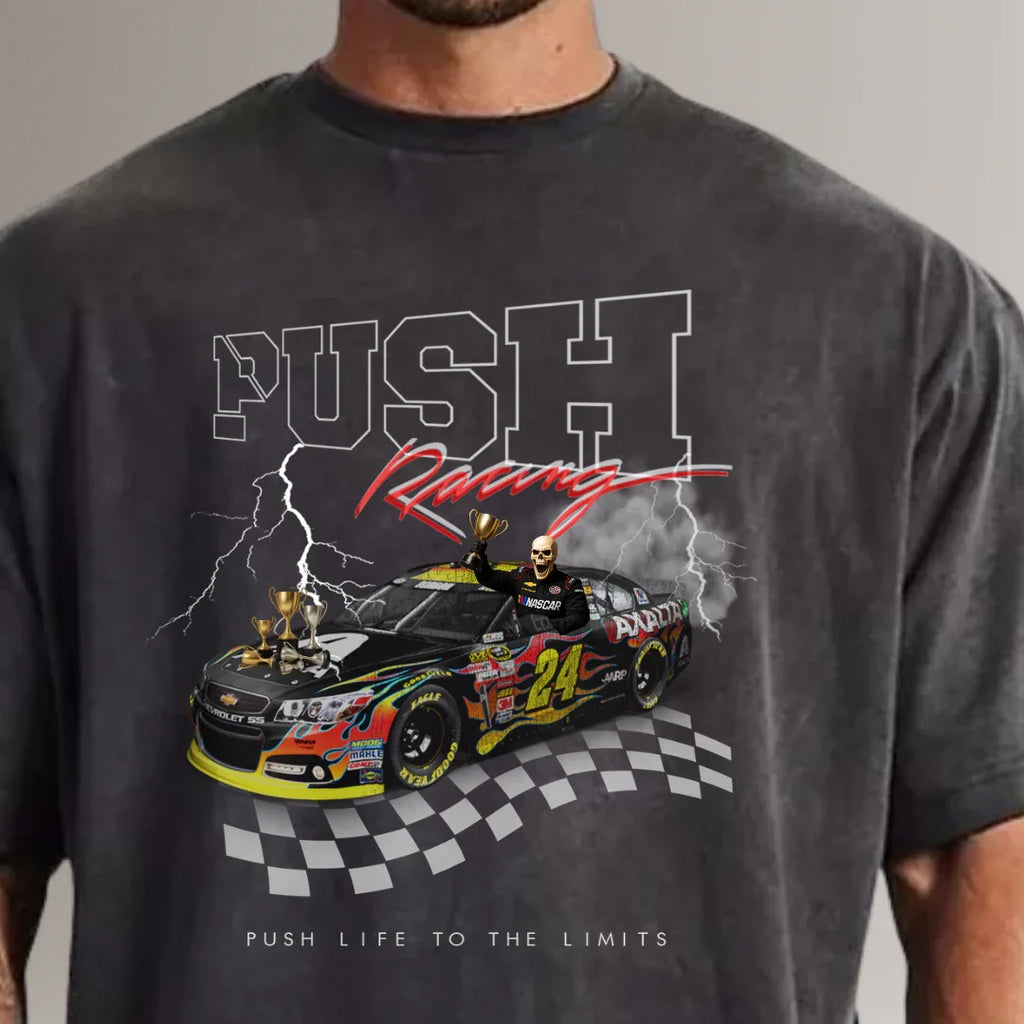 Men's dark t-shirt with racing car graphic, lightning, skeleton driver, and checkered flag