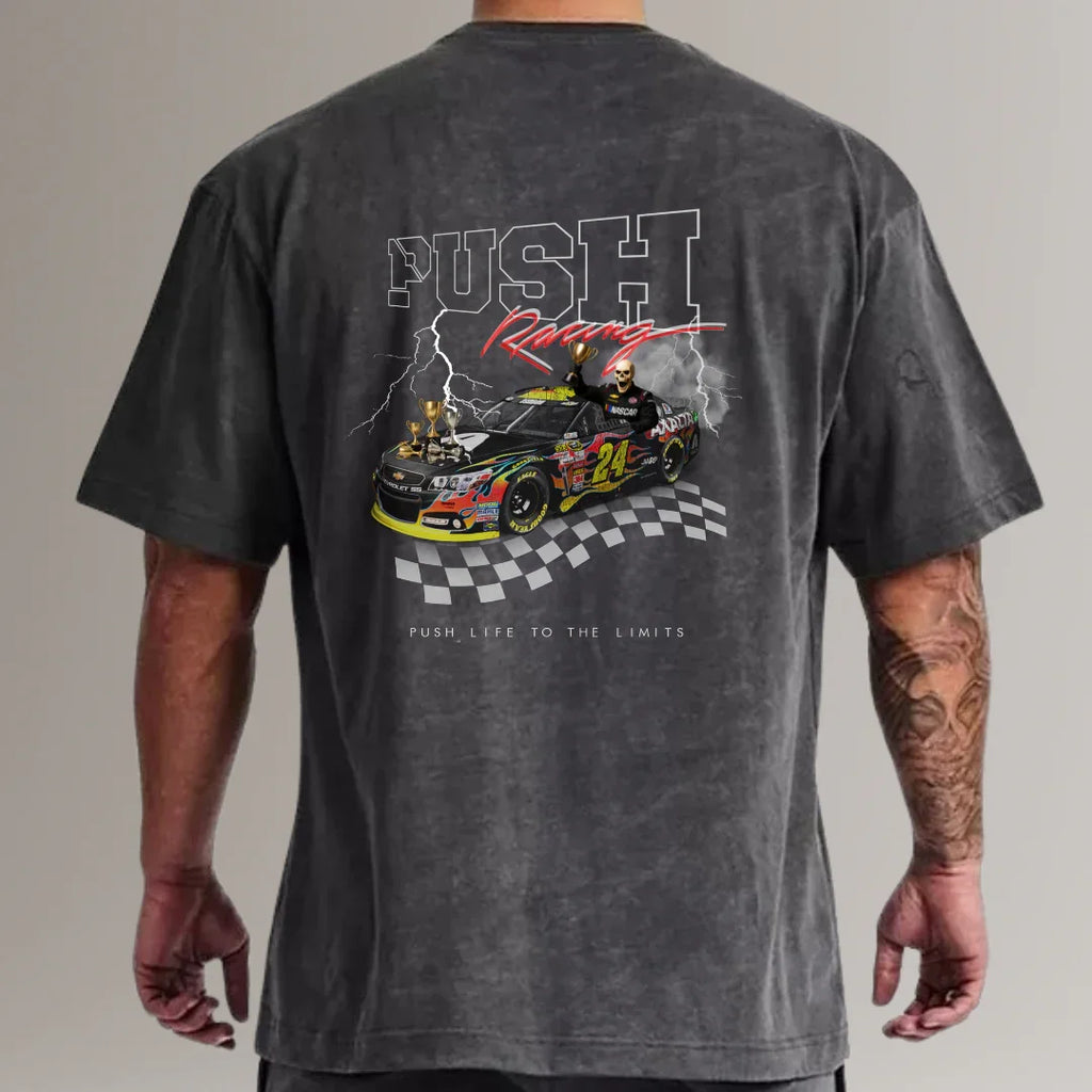 Men's black racing graphic t-shirt with race car, trophies, and checkered flag design