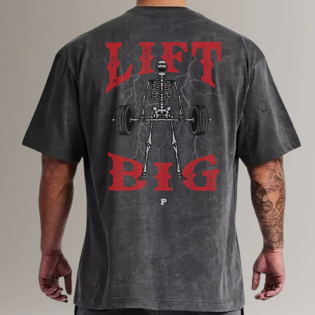 Men's black fitness t-shirt with skeleton lifting barbell and 'Lift Big' graphic on back