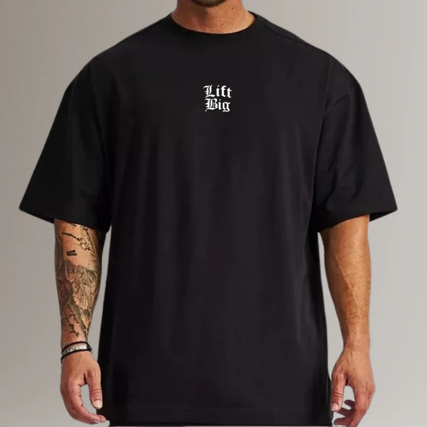 Men's black fitness t-shirt with 'Lift Big' text, athletic gym apparel
