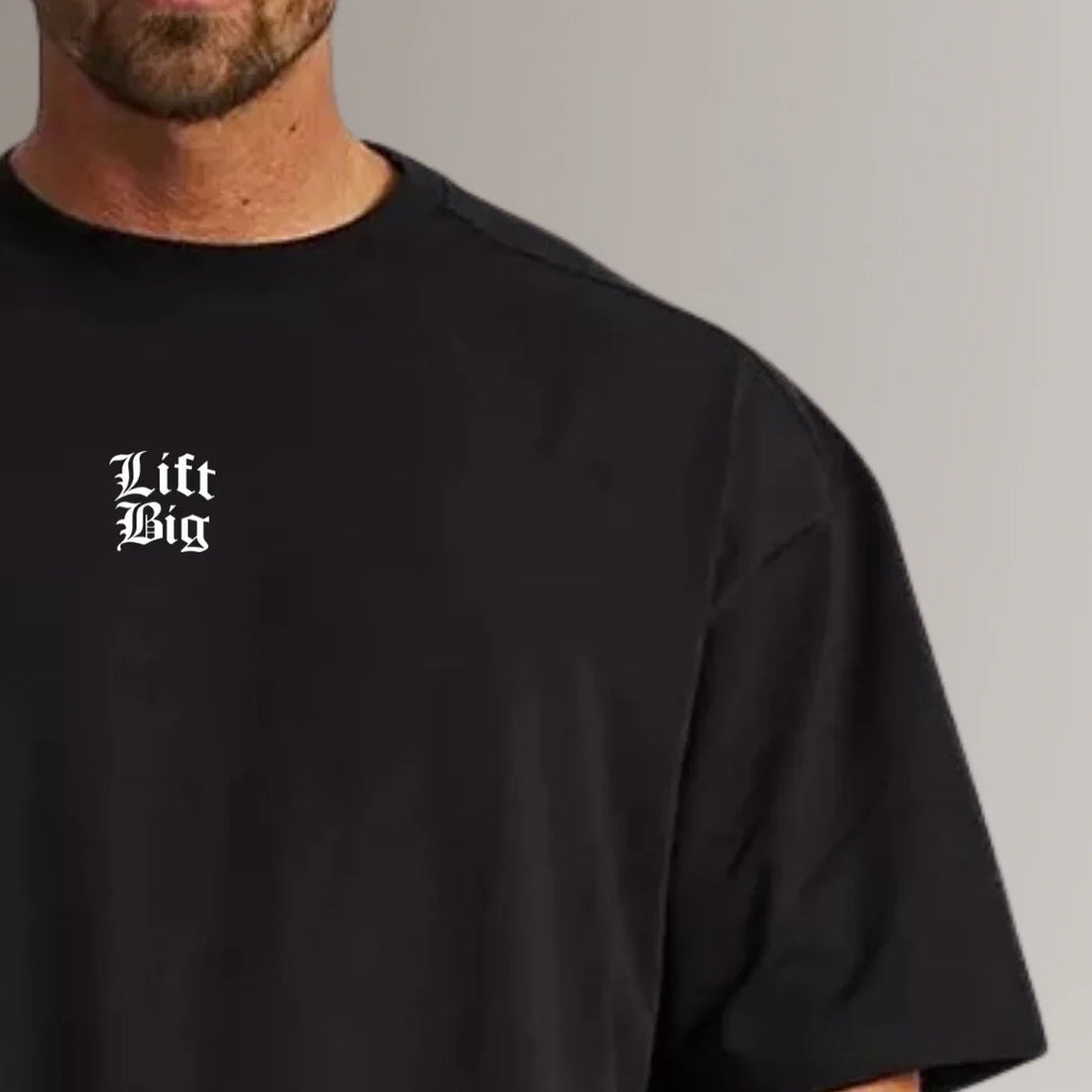 Men's black fitness t-shirt with 'Lift Big' white text, gym workout apparel