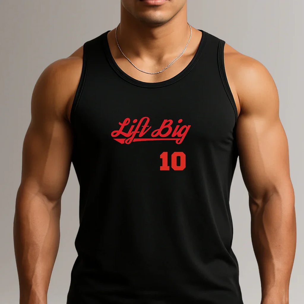Men's black sleeveless gym tank top with red 'Lift Big 10' text, fitness apparel