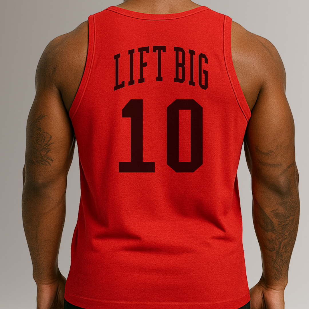 Red tank top with 'LIFT BIG 10' text on the back, worn by a person.