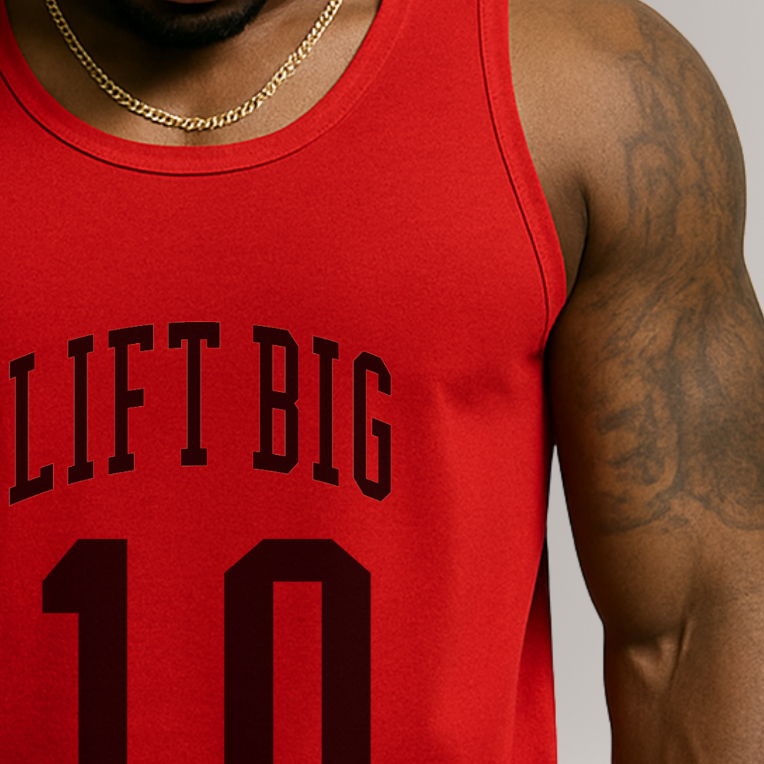 Red tank top with 'LIFT BIG' text on a person against a neutral background