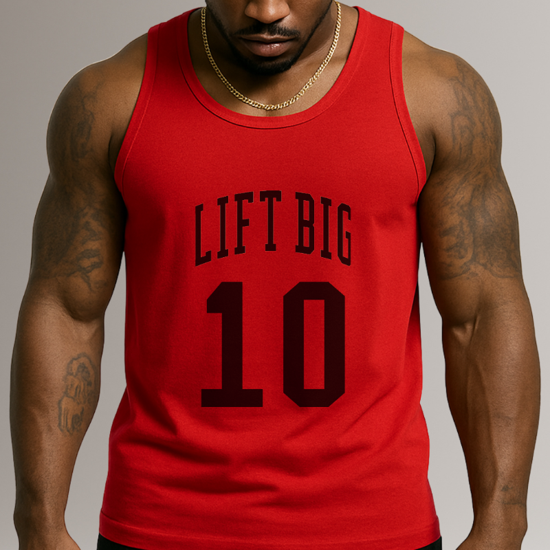 Person wearing a red tank top with 'LIFT BIG 10' text on a plain background