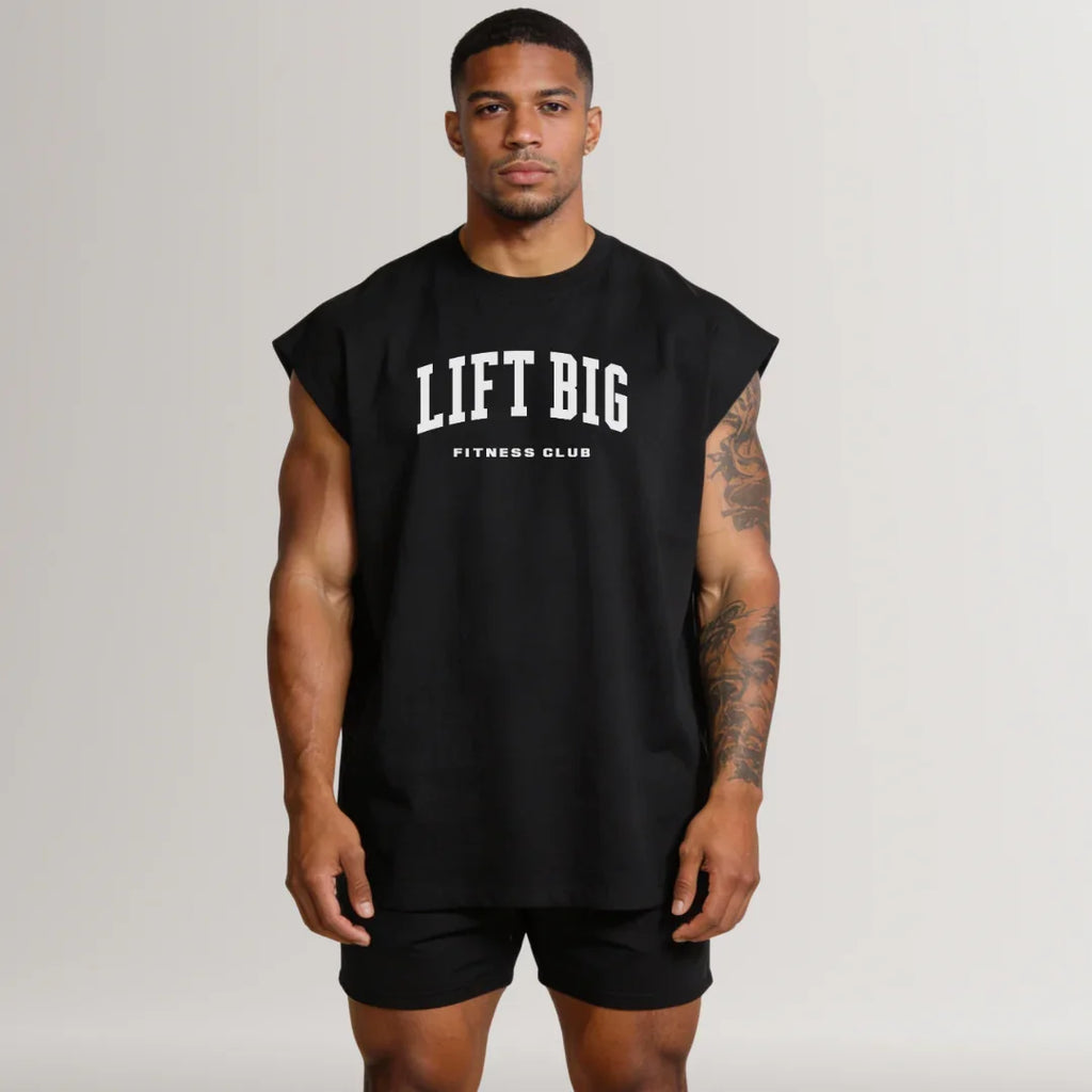 Man in black sleeveless gym tank with 'LIFT BIG Fitness Club' text, athletic wear