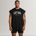 Man in black sleeveless gym tank with 'LIFT BIG Fitness Club' text, athletic wear