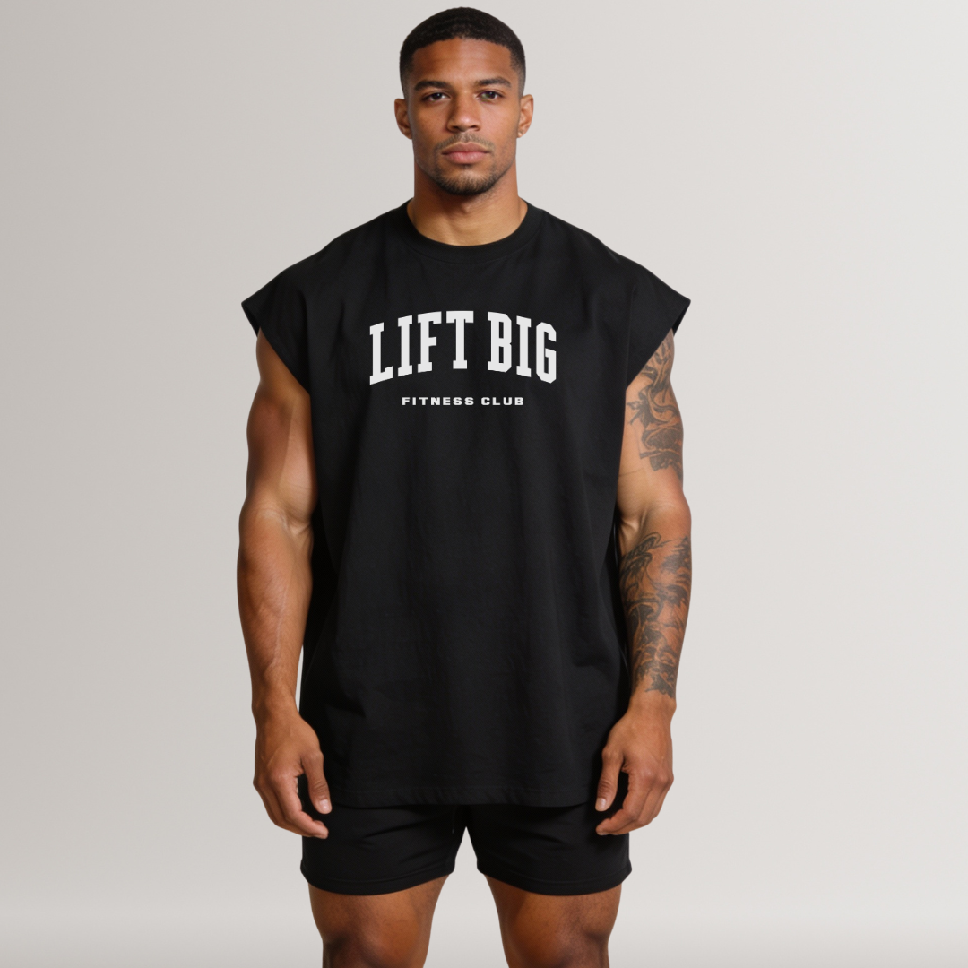 Man wearing a black sleeveless shirt with 'LIFT BIG Fitness Club' text on a plain background