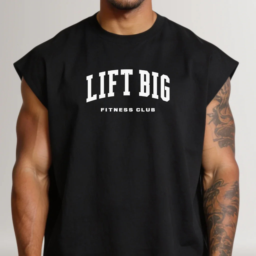 Men's black sleeveless gym tank top with 'Lift Big Fitness Club' text, athletic fit