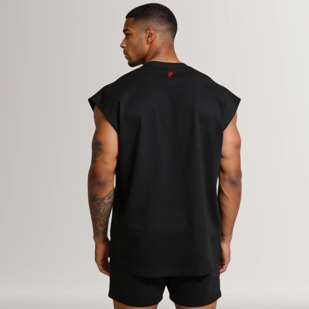 Man wearing black sleeveless gym tank top and shorts, back view, fitness apparel