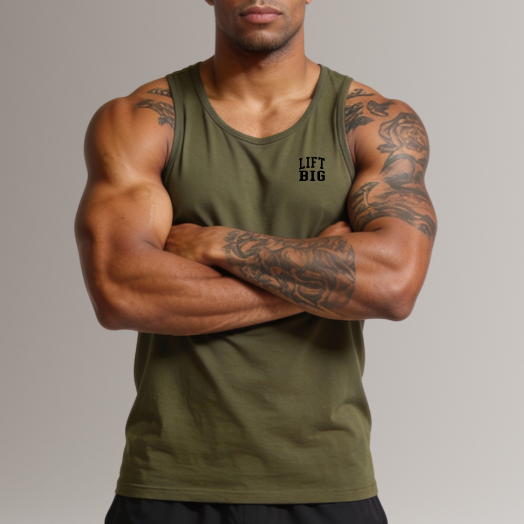 Man wearing a green tank top with 'LIFT BIG' text, arms crossed, on a plain background