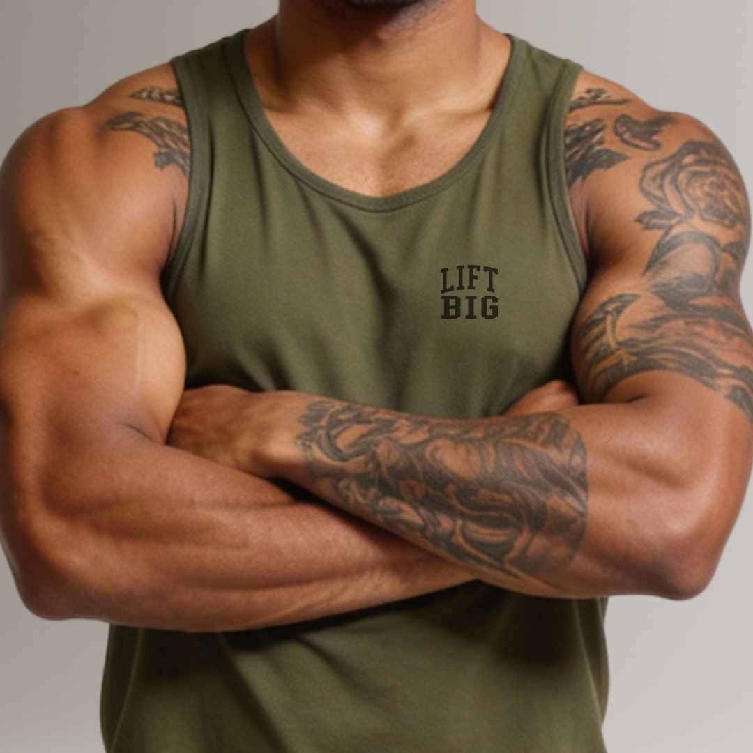 Person wearing a green tank top with 'LIFT BIG' text, arms crossed, on a plain background