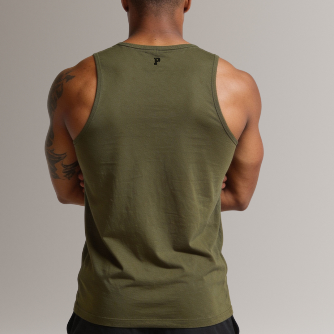 Person wearing a green tank top with a brand logo on a plain background