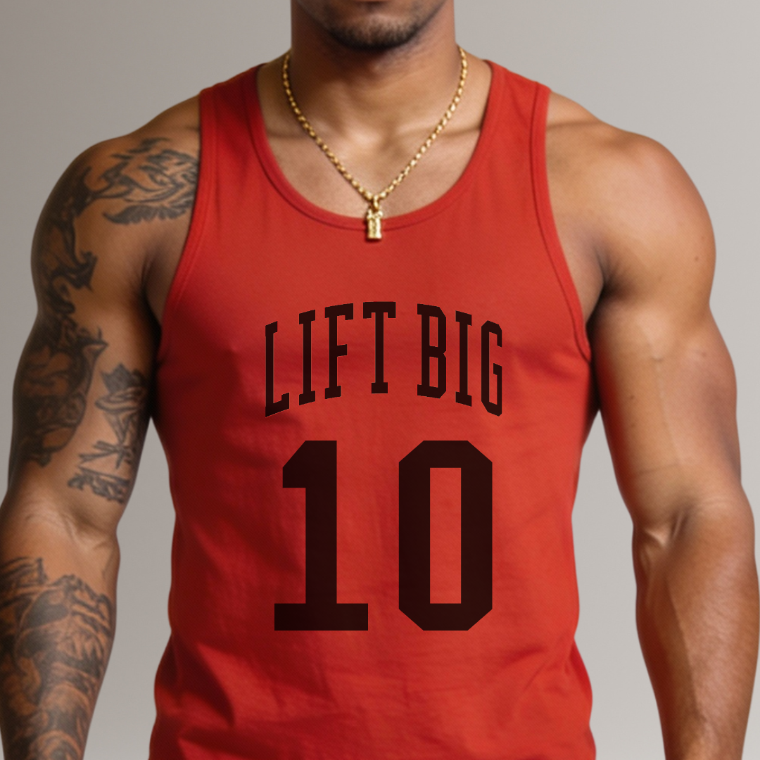 Red tank top with 'LIFT BIG 10' text worn by a person on a gray background