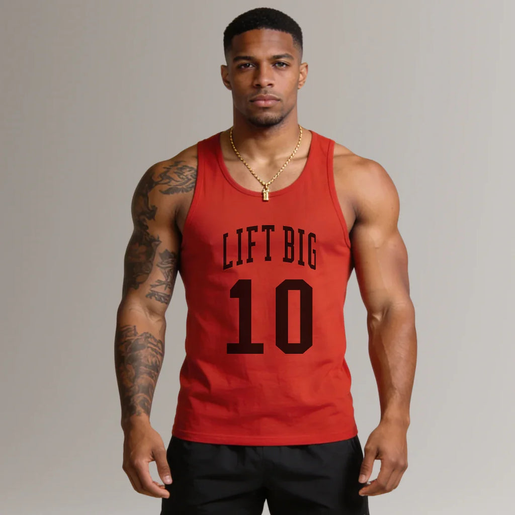 Man wearing red sleeveless gym tank top with 'LIFT BIG 10' graphic, fitness apparel