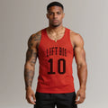 Man wearing red sleeveless gym tank top with 'LIFT BIG 10' graphic, fitness apparel