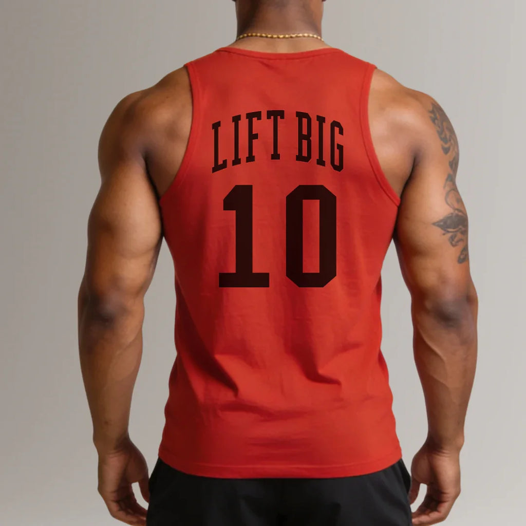 Man wearing red sleeveless fitness tank top with 'LIFT BIG 10' on back, gym apparel