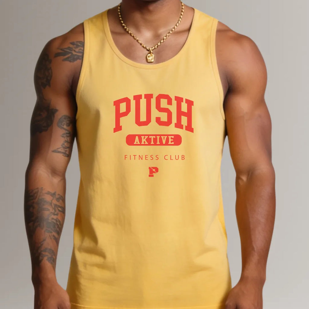 Yellow tank top with 'PUSH AKTIVE' text on a gray background